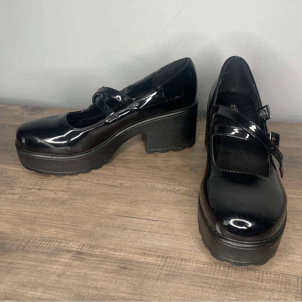 Women’s Black Mary Jane Platform Shoes shiny gothic‎ punk chunky size 8 1/2